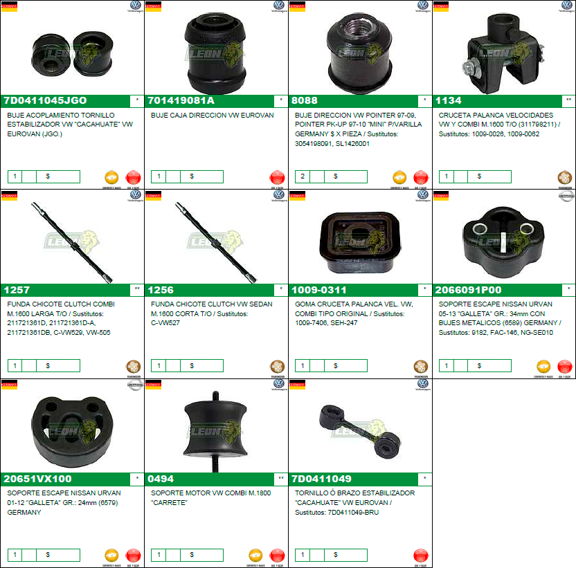 MUESTRARIO DE VARIOS NISSAN URVAN, VW EUROVAN, ETC. “B” (BUJES DIRECCION, CRUCETA Y GOMA PALANCA VELOC., FUNDA CHICOTE CLUTCH, SOPORTES Y HULES DE ESCAPE, MOTOR, CACAHUATE)