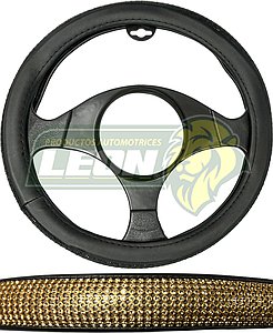 FUNDA P/VOLANTE NEGRA CON PEDRERIA T/DIAMANTE DORADO, MEDIANA 38 cm.