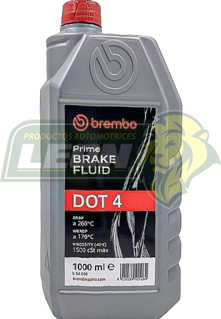 LIQUIDO DE FRENOS DOT 4 BREMBO, SECO 245°C, HUMEDO 157°C, VISCOSIDAD 1,500 CST MAX, BASE GLYCOL (1000 ML)