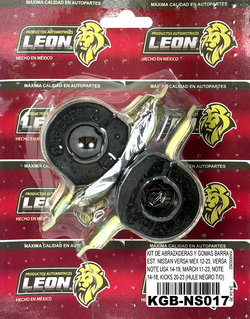KIT DE ABRAZADERAS Y GOMAS BARRA EST. NISSAN VERSA MEX 12-23, VERSA NOTE USA 14-19, MARCH 11-23, NOTE 14-18, KICKS 20-23 (HULE NEGRO T/O)