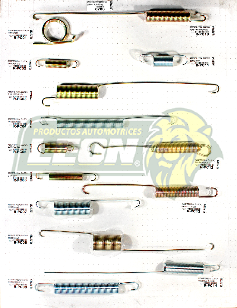 MUESTRARIO DE RESORTES PARA PEDAL DE CLUTCH DEL R-PC01 AL R-PC14 (TABLA 1)