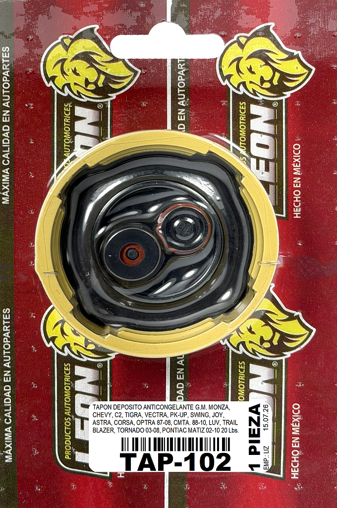 TAPON DEPOSITO ANTICONGELANTE G.M. MONZA, CHEVY, C2, TIGRA, VECTRA, PK-UP, SWING, JOY, ASTRA, CORSA, OPTRA 87-08, CMTA. 88-10, LUV, TRAIL BLAZER, TORNADO 03-08, PONTIAC MATIZ 02-10 20 Lbs.